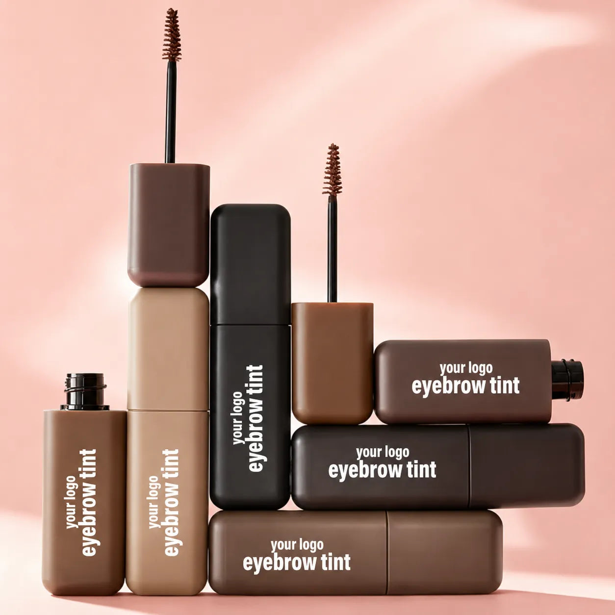 Brown square eyebrow gel container collection with spoolie brush applicators, suitable for tinted brow gel, eyebrow tint, and custom brow product container projects.