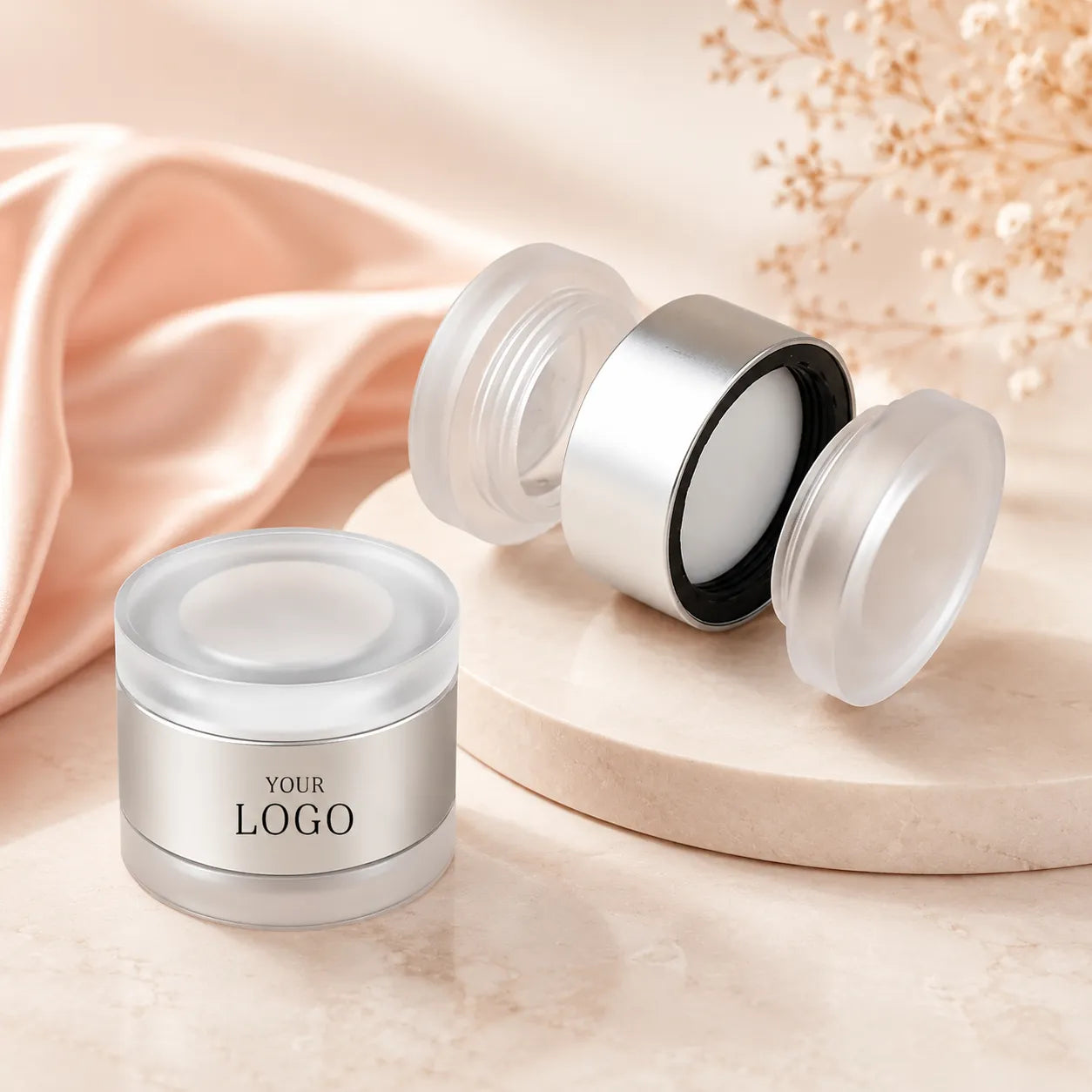 Double-layer eyebrow gel container jar with silver band and inner sealing lid, suitable for brow gel, brow pomade, wax-style brow formulas, and custom brow product packaging projects.
