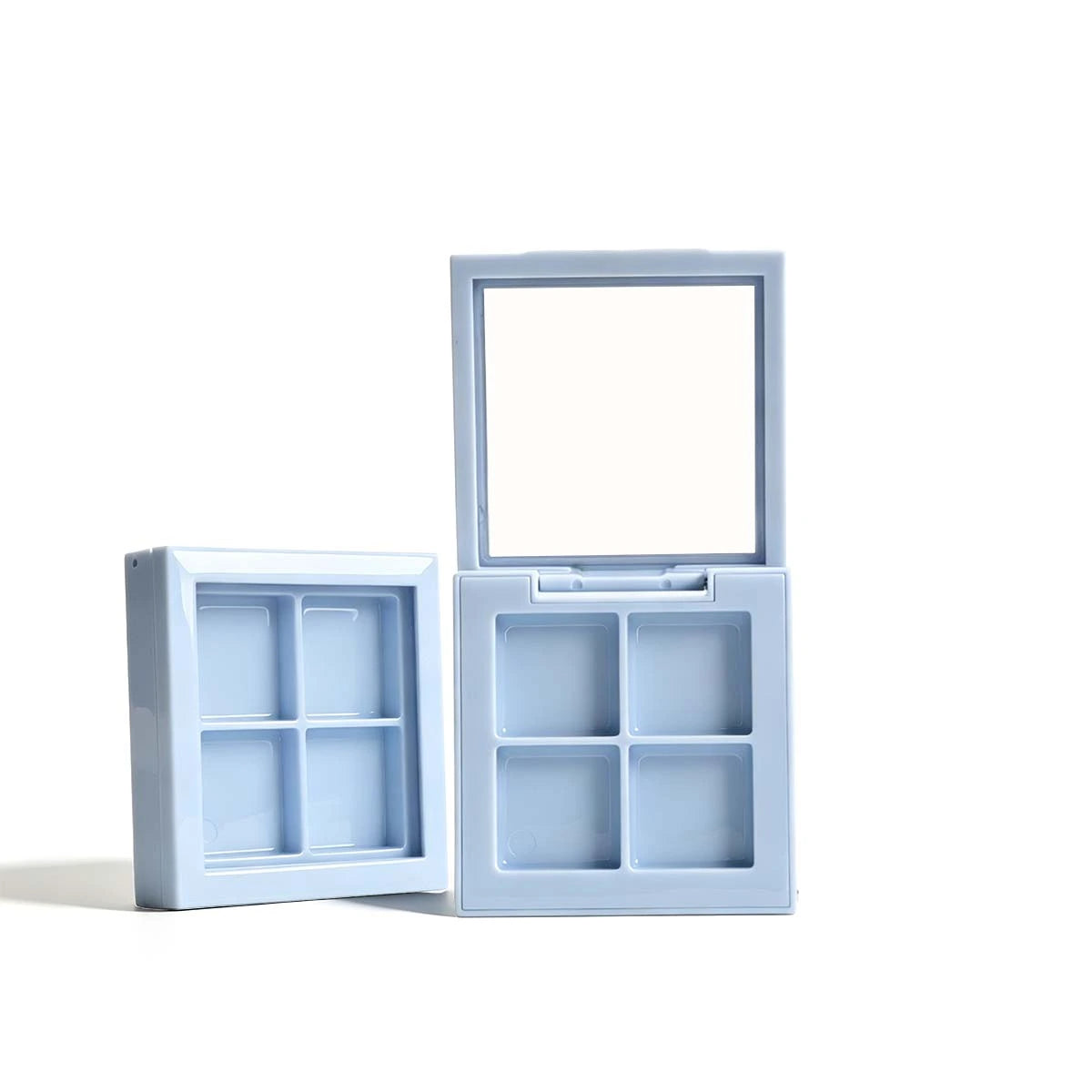 Light blue eyeshadow case with 4-pan inner layout and hinged lid, suitable for custom four-shade eyeshadow compact case projects.