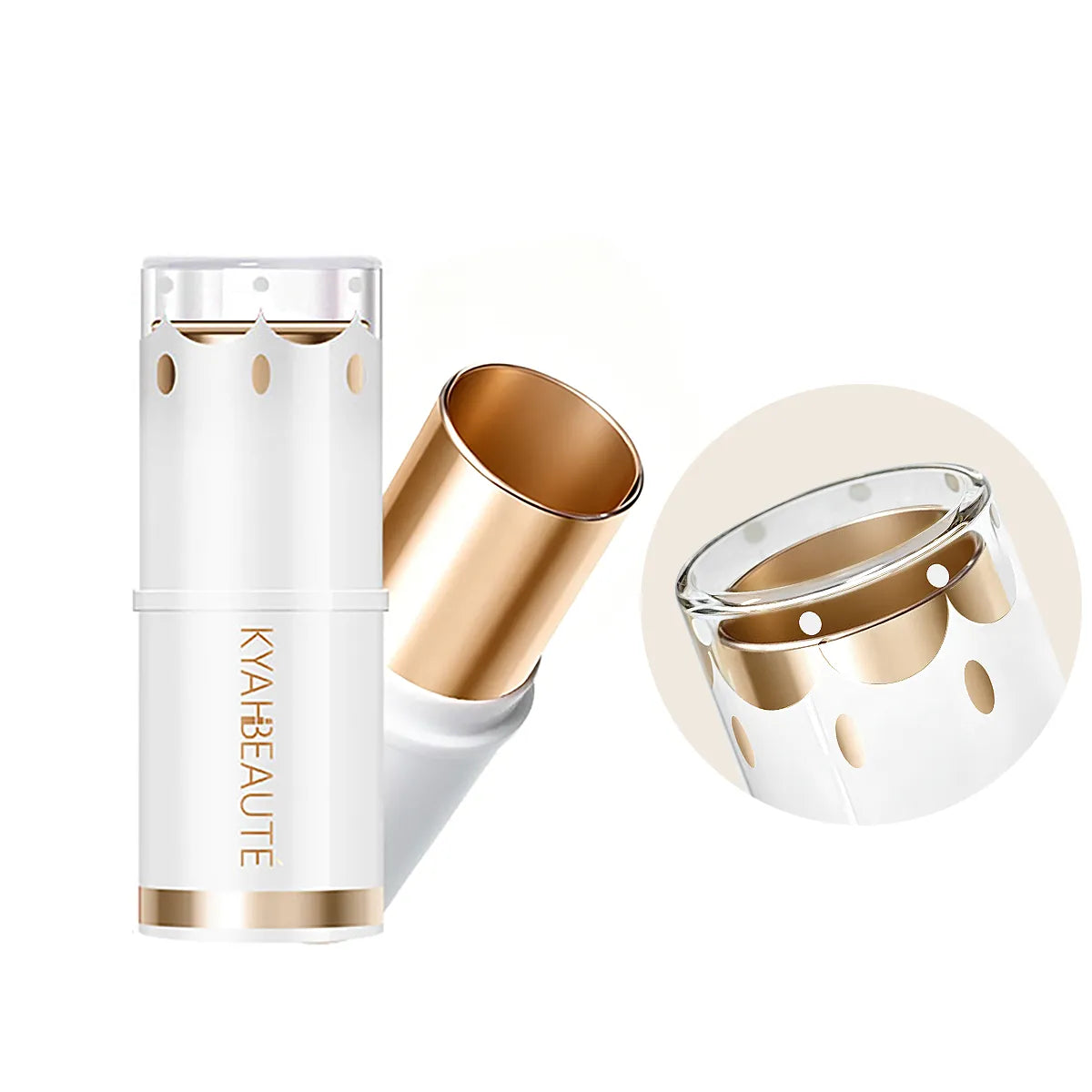 Kaiya foundation stick packaging with silk screen printing cosmetics finish, featuring custom printed white and gold stick container design.