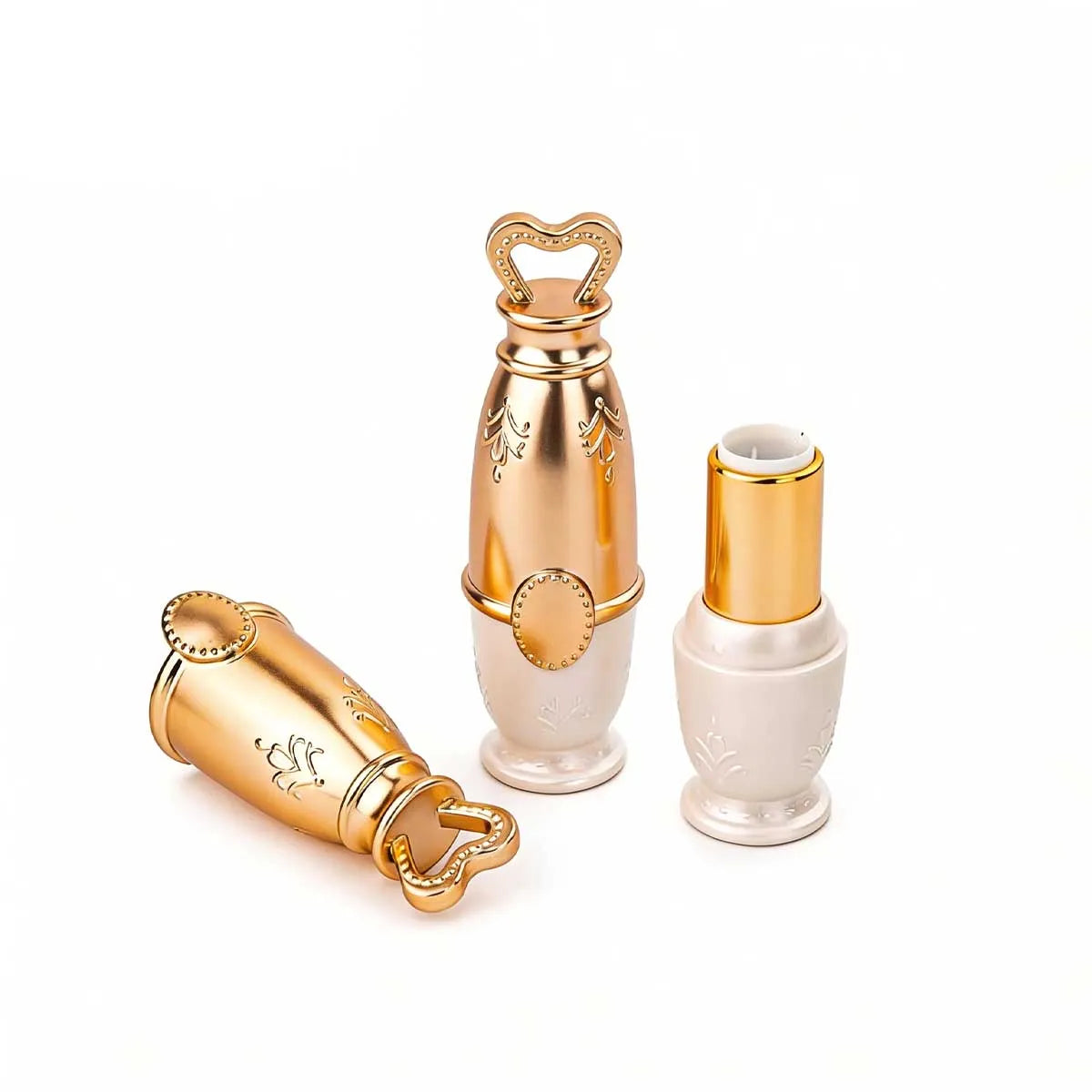 Kaiya gold lip balm tubes with decorative caps for custom lip balm packaging.
