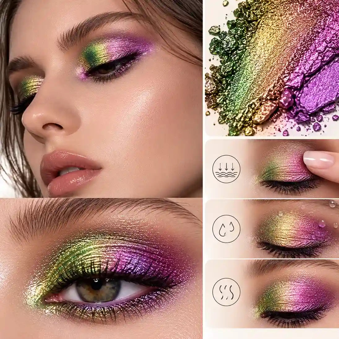 KAIYA shimmer eyeshadow collage showing green, gold and purple eye makeup, crushed powder and a fingertip touching the eyelid.