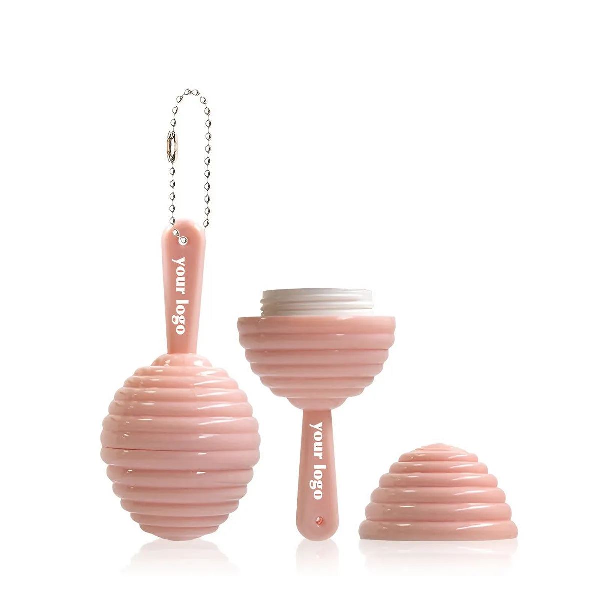 Kaiya honey pot lip balm containers in a ribbed hanging custom shape design