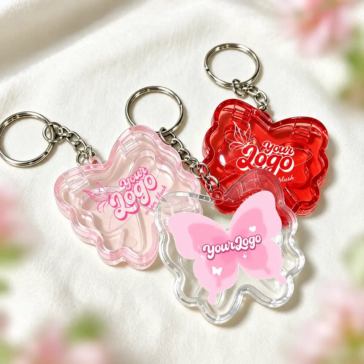 KAIYA keychain empty blush palette packaging with transparent flower and butterfly-shaped cases