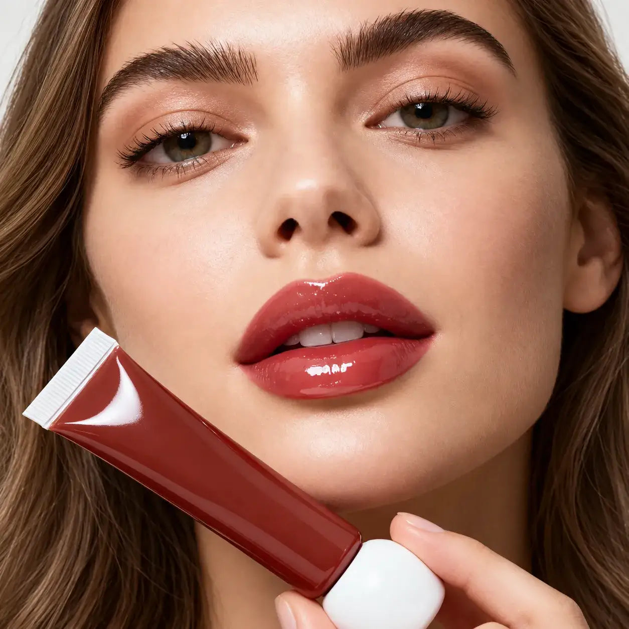 A model applying lightweight tinted lip oil for a glossy red finish with a KAIYA applicator.