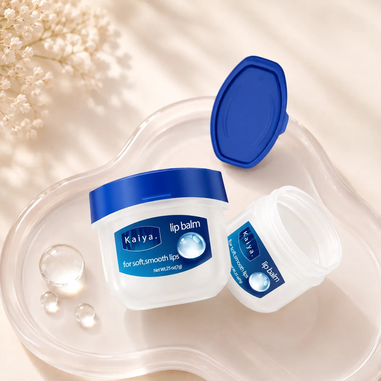 Kaiya lip balm blue container with matching jar and lid for custom lip care packaging projects