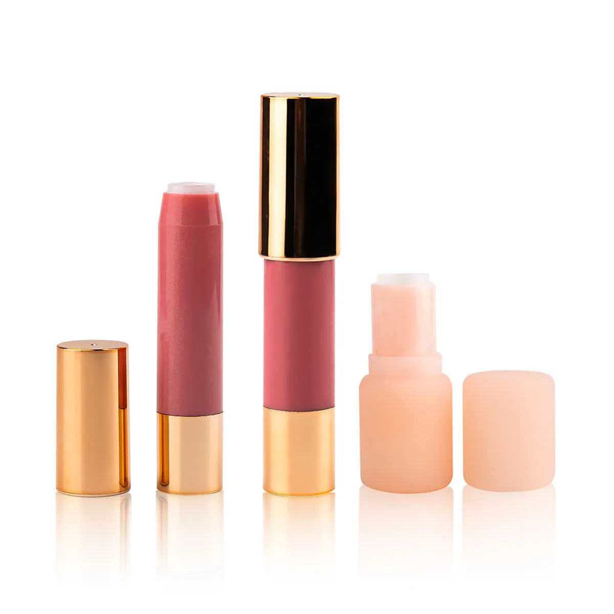 Lip balm packaging by KAIYA, featuring lip balm stick container options in pink, gold, and frosted styles for custom lip care products.