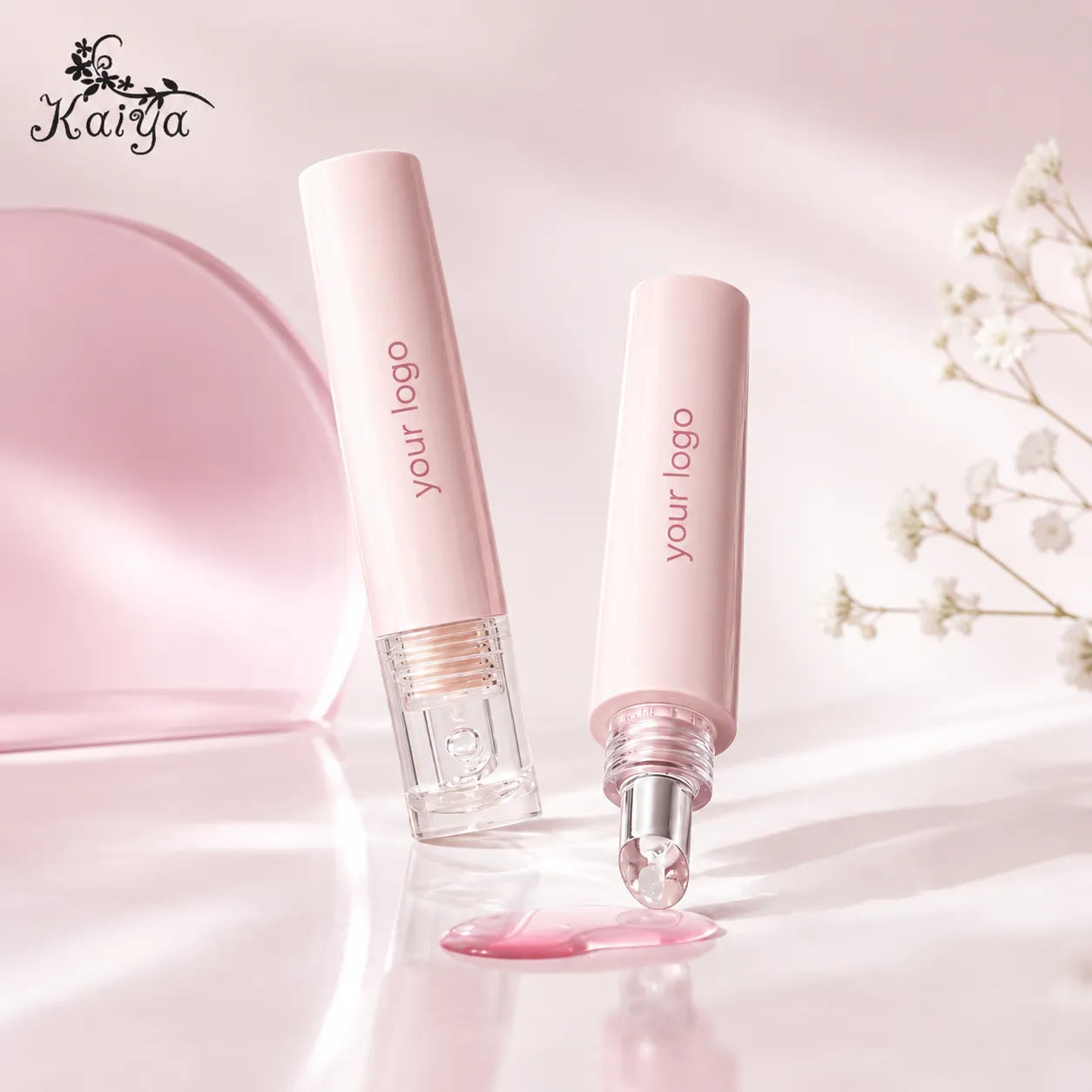 Kaiya lip balm squeeze tubes with pink applicator packaging for custom lip care products