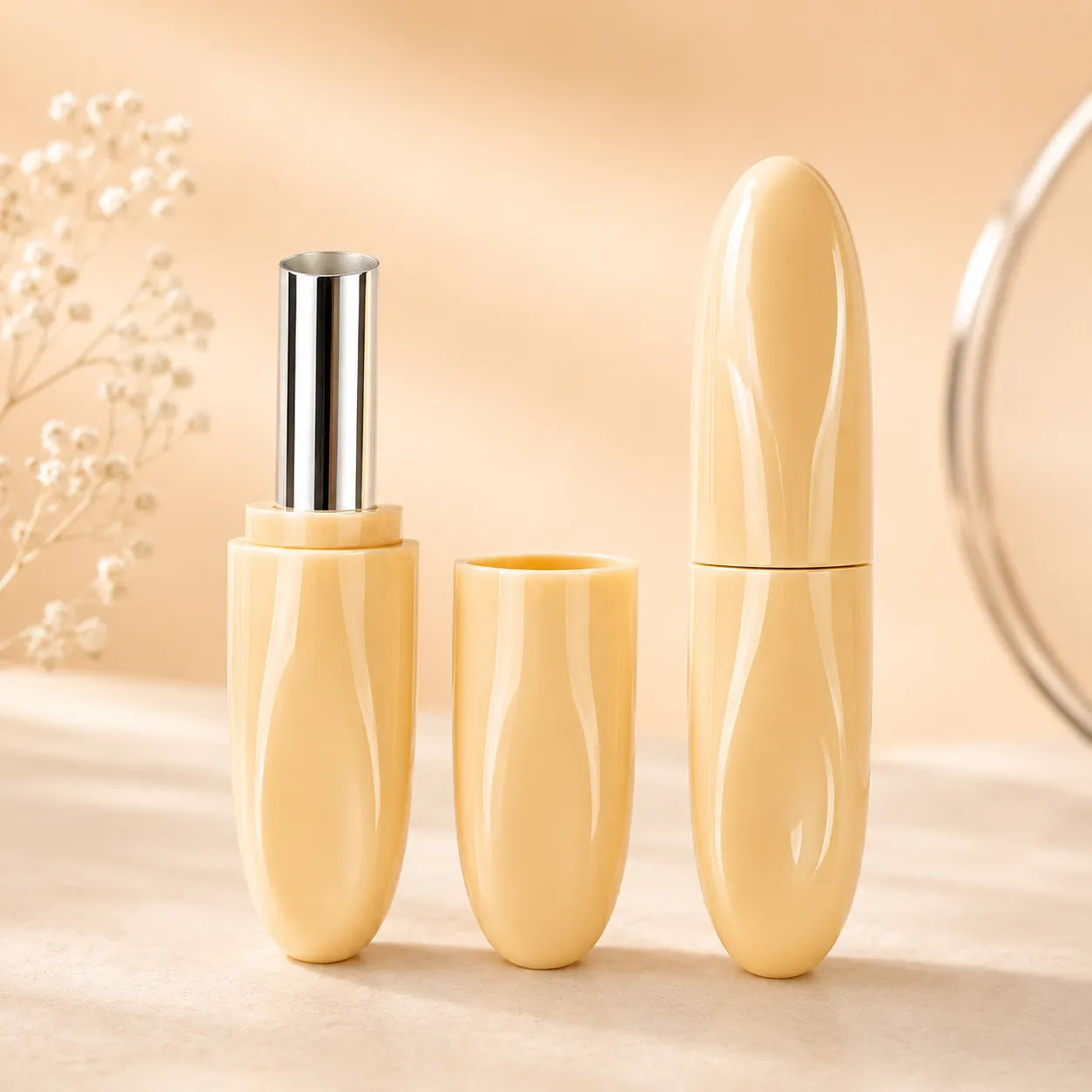 Kaiya lip balm yellow container with glossy tube design for custom lip care packaging projects