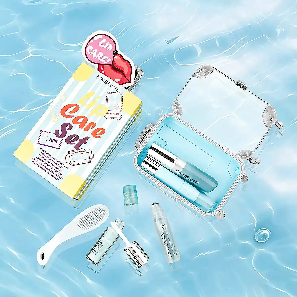 KAIYA lip care package with mini makeup containers set, clear pouch, brush, and small lip care packaging for travel-size products