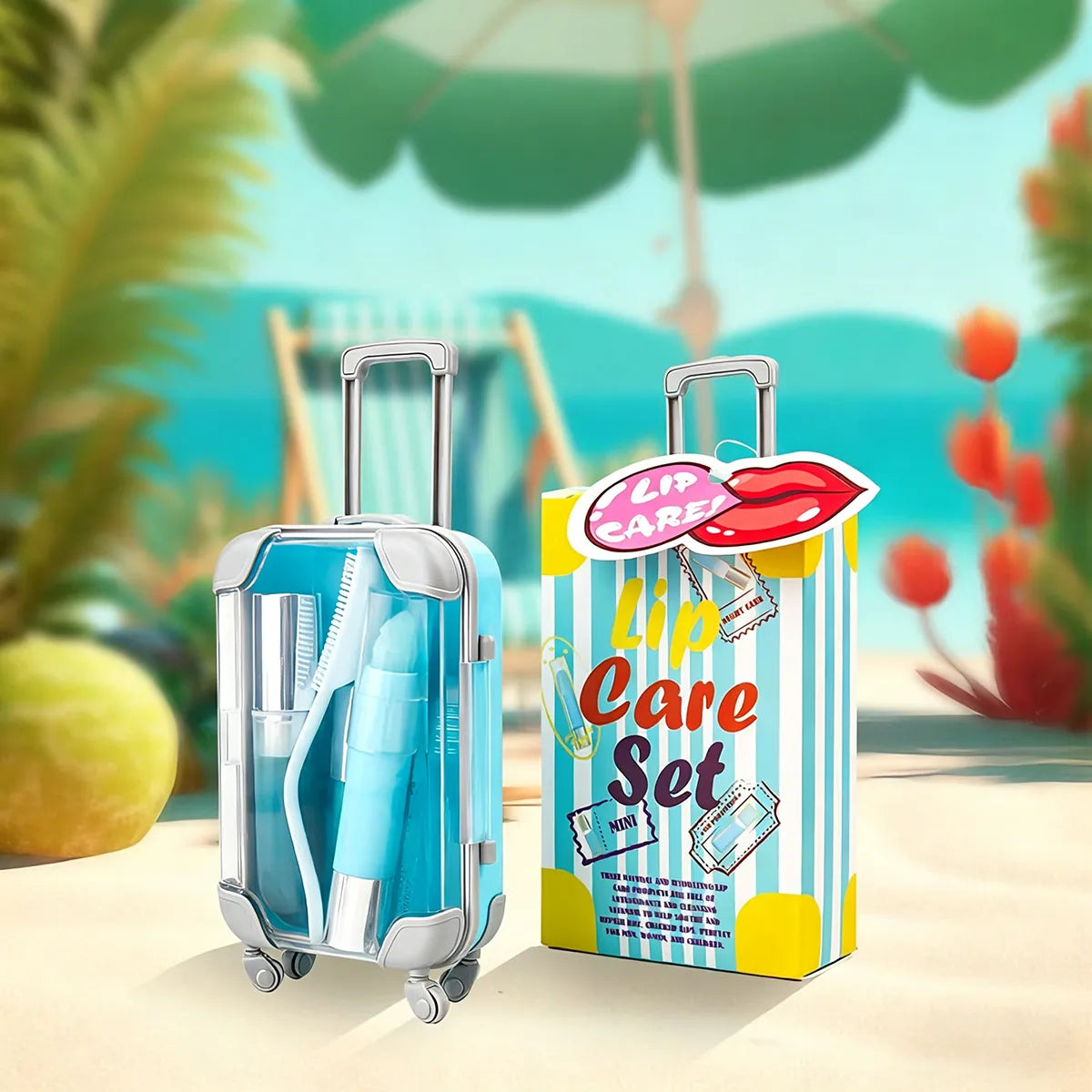 KAIYA lip care package in travel theme with small travel makeup containers and mini lip balm packaging for gift set projects