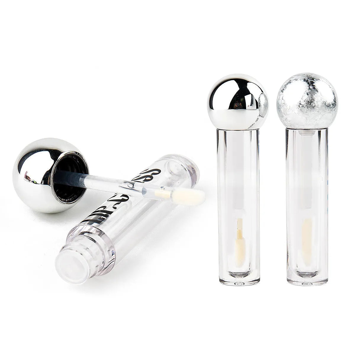 KAIYA lip gloss bottle options with clear bodies and metallic caps for lip oil or gloss products