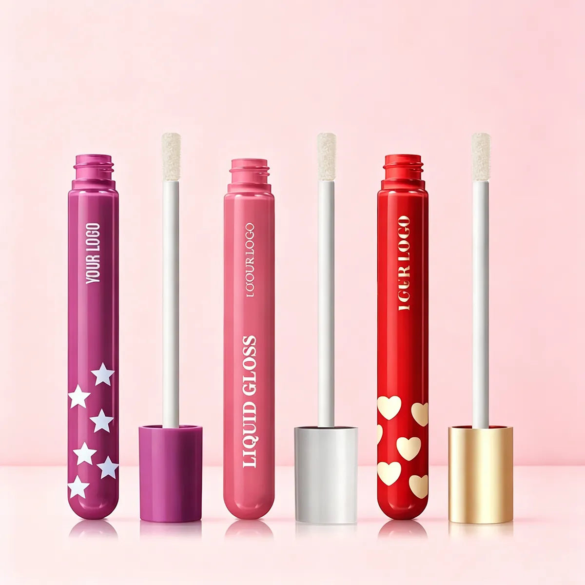 Kaiya lip gloss bottle with cosmetic screen printing on custom printed lip gloss packaging and applicator tube designs.
