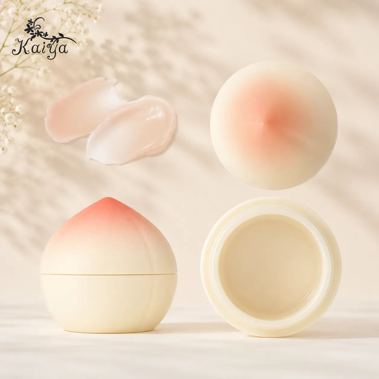 Kaiya lip mask container in a peach shaped lip balm jar design