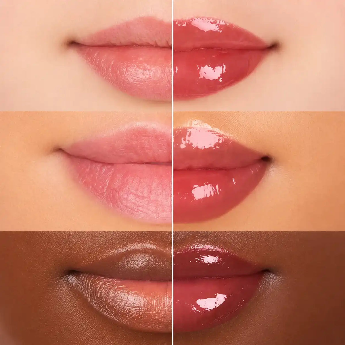 Lip plumper finish comparison showing three lip close-ups, each divided into natural and glossy tinted appearances.