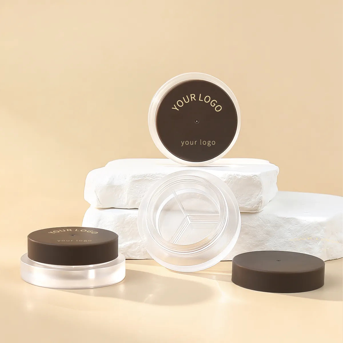 Kaiya lip scrub packaging with clear empty jar containers and brown lids for custom lip care packaging.