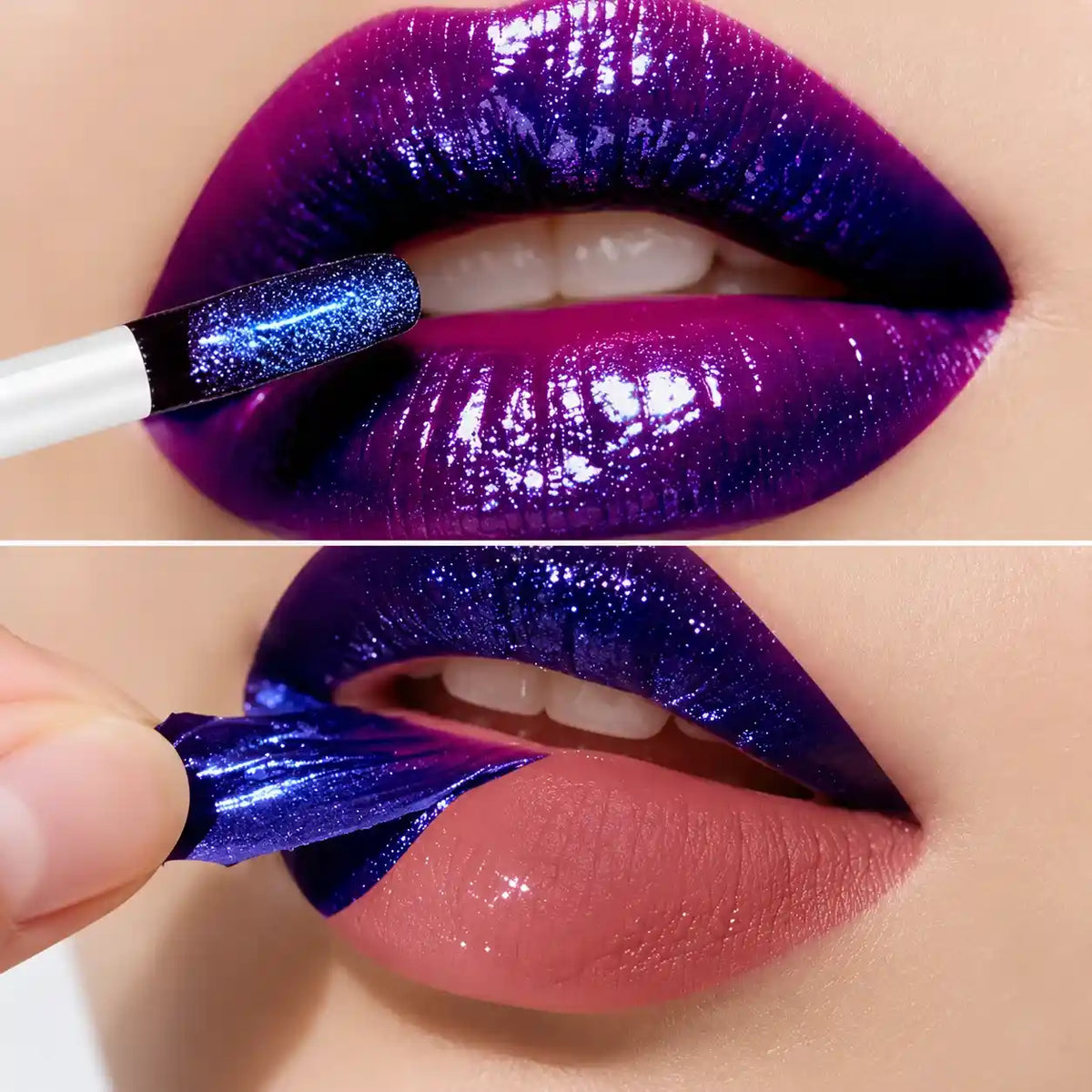 Peel-off lip stain showing a metallic surface film being removed to reveal the remaining lip tint underneath.