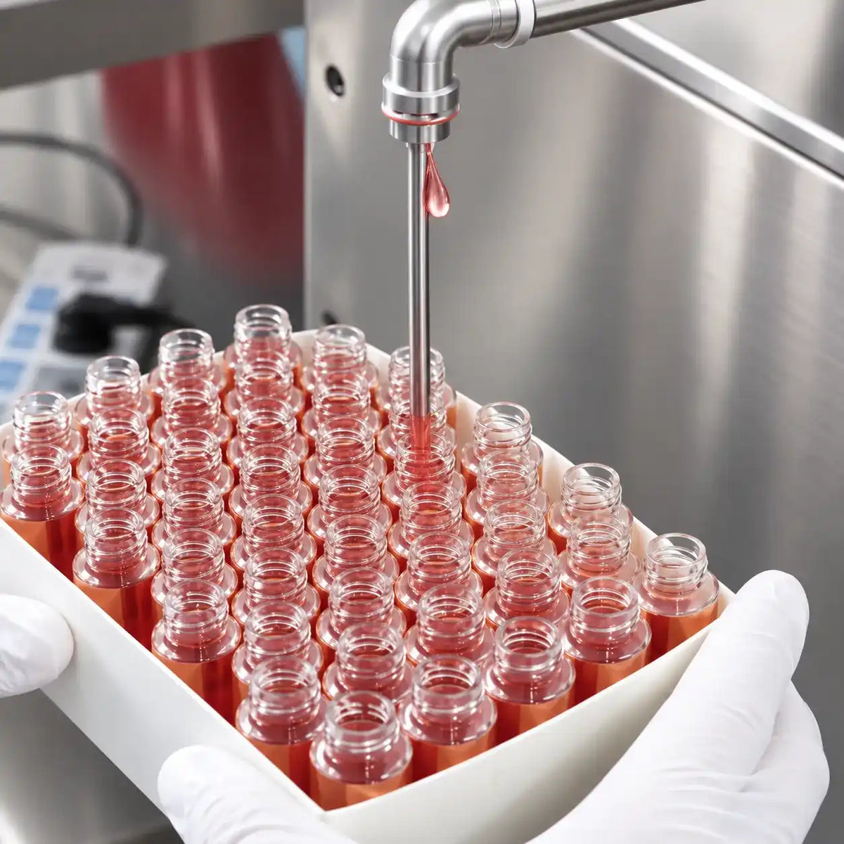 Red lip tint being dispensed into clear containers during the filling process at KAIYA.