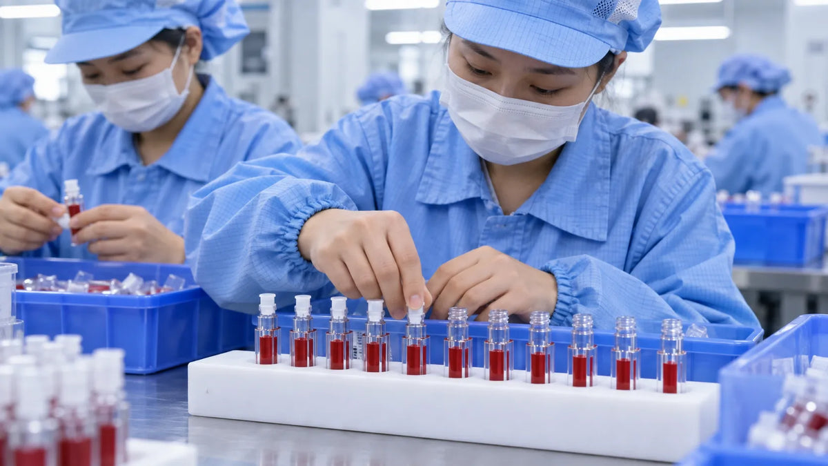 Workers at KAIYA, a lip tint manufacturer, assembling red lip tint tubes in a cosmetics production facility.