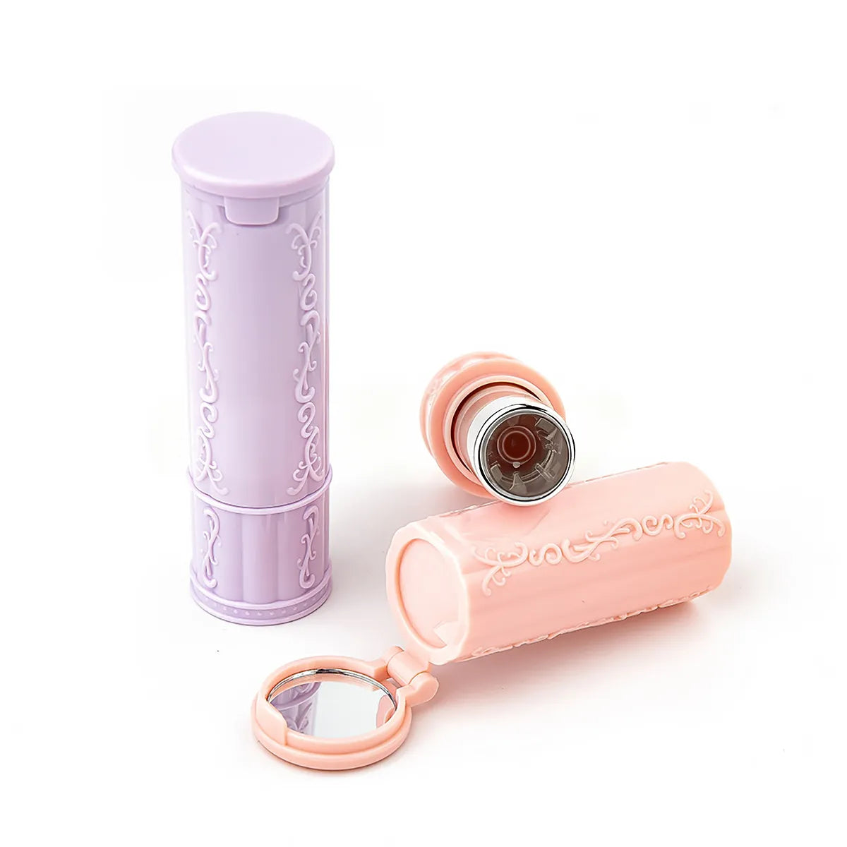 Kaiya lipstick container with mirror in a pink decorative lipstick tube design