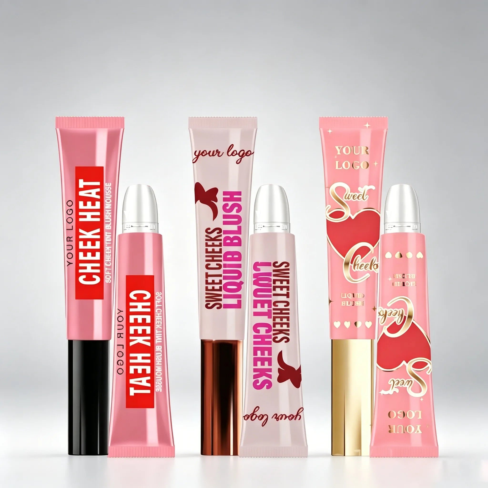 Kaiya liquid blush squeeze tube with cosmetic screen printing artwork on custom lip and cheek makeup packaging.