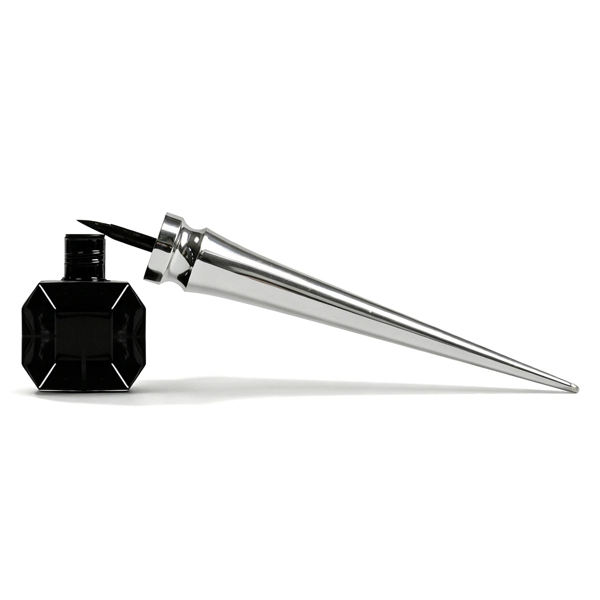 Black and silver liquid eyeliner container with sharp applicator design for custom eye makeup container projects.