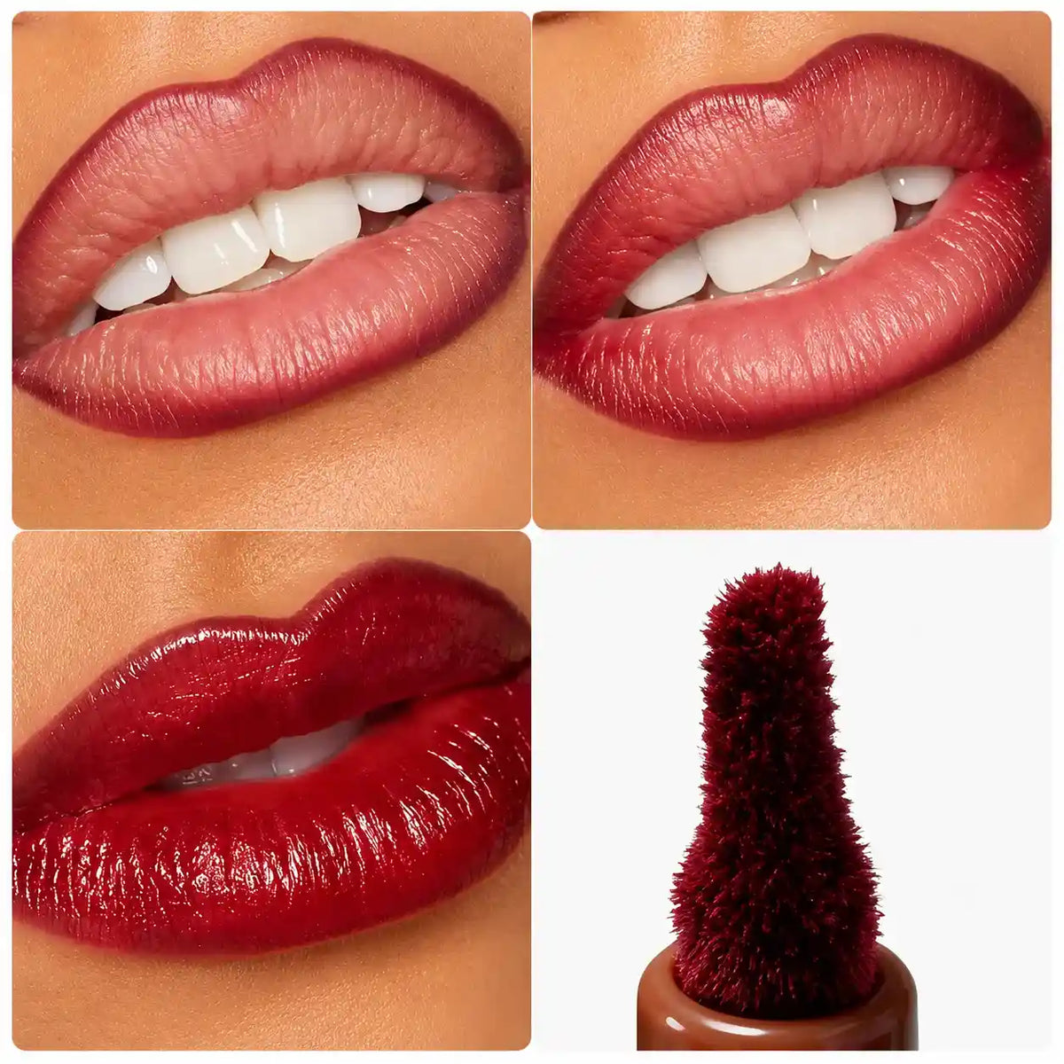 Red liquid lip liner collage showing defined lip contours, glossy lip color and an applicator tip close-up.
