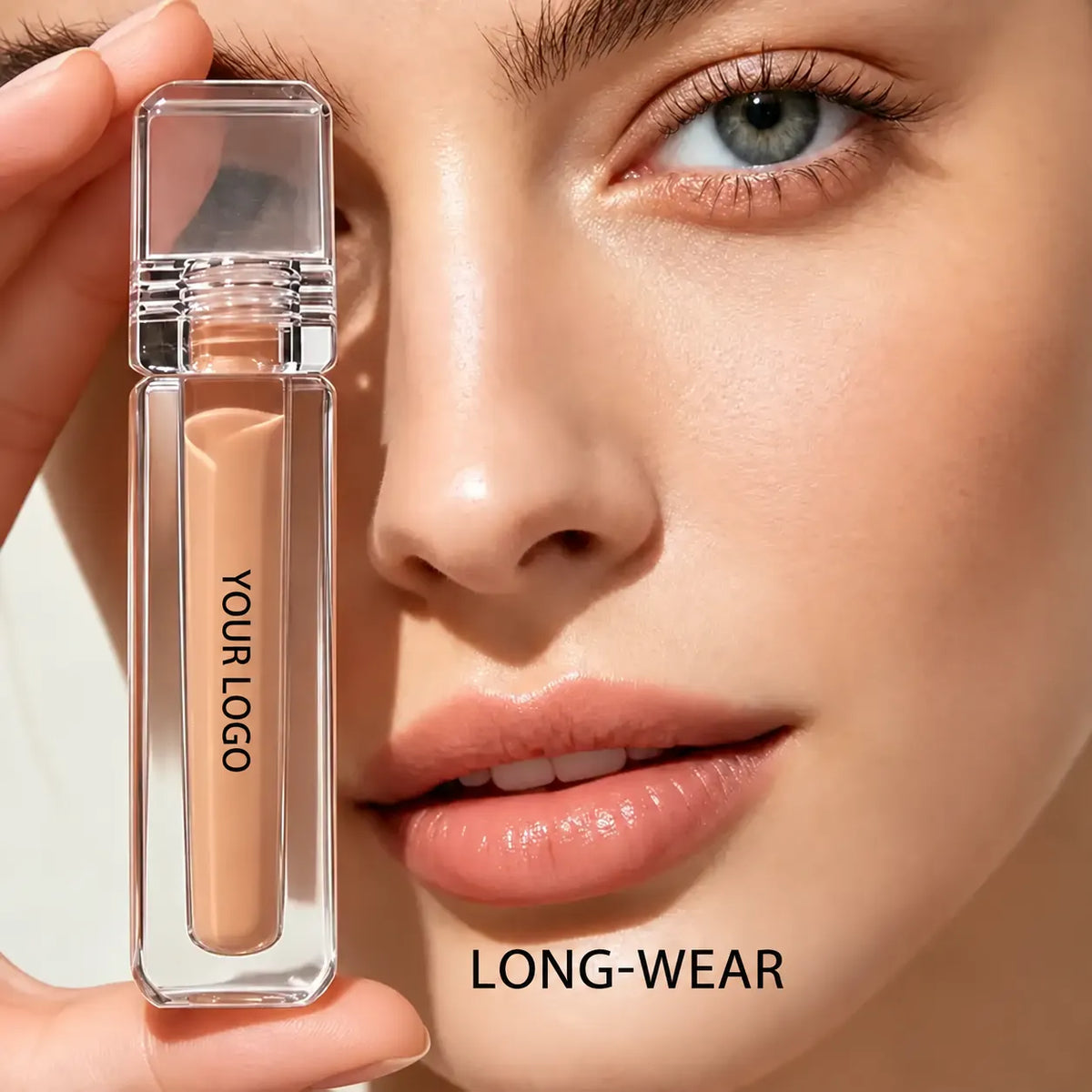 Long-wear private label concealer displayed beside a makeup model, highlighting a natural-looking finish and complexion coverage.