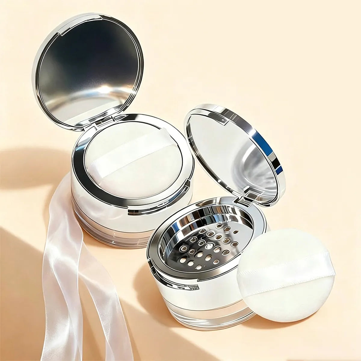 KAIYA loose powder sifter jar with metallic finish, mirror lid, and powder puff for loose powder or setting powder packaging