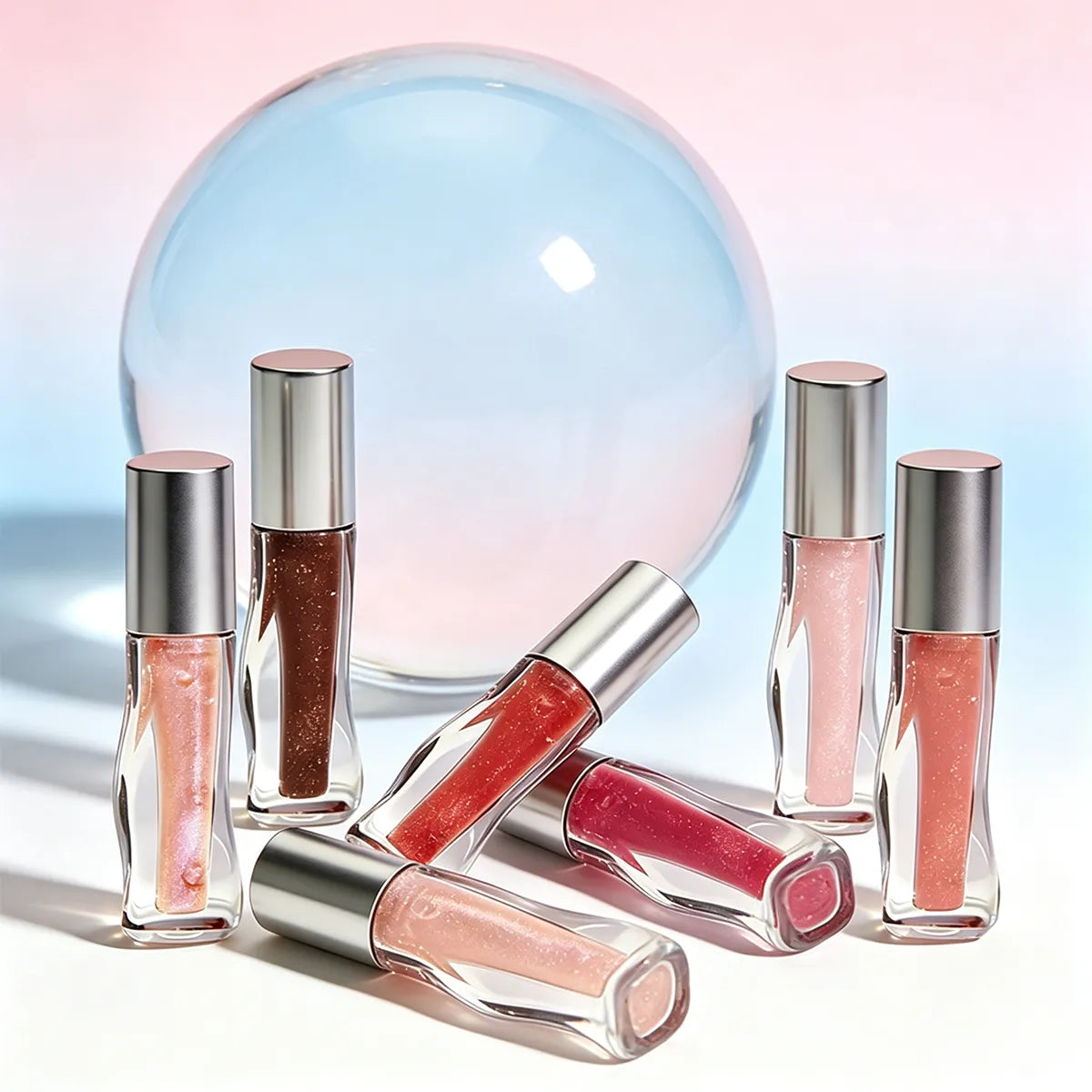 KAIYA finished lip gloss collection in multiple shades, showcasing private label color cosmetics developed by makeup manufacturing companies.