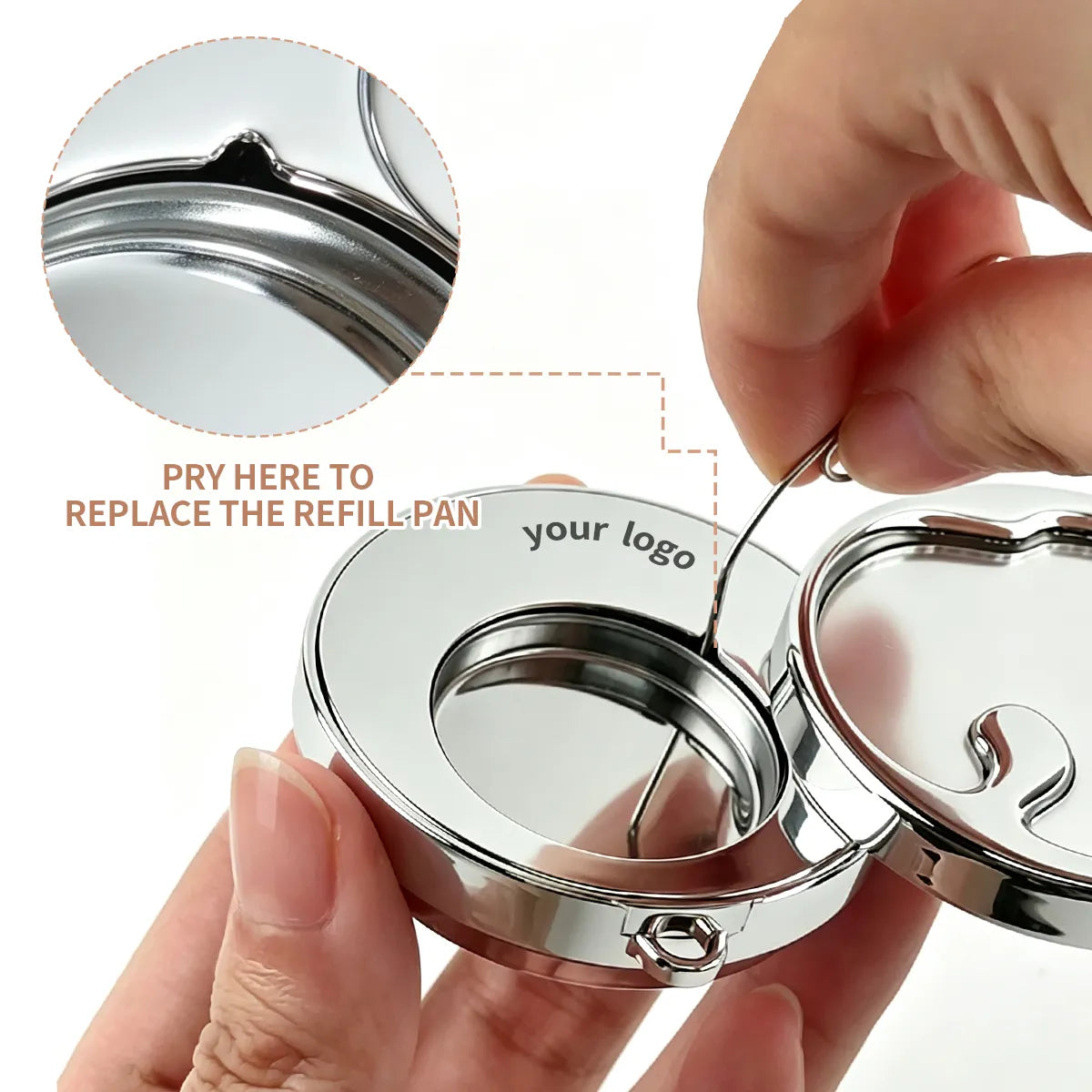 Release notch for removing and replacing the steel pan in a KAIYA makeup refill container