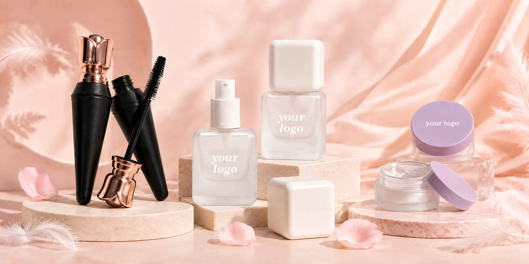KAIYA matte cosmetic packaging and frosted cosmetic packaging displayed in a soft pink beauty packaging scene