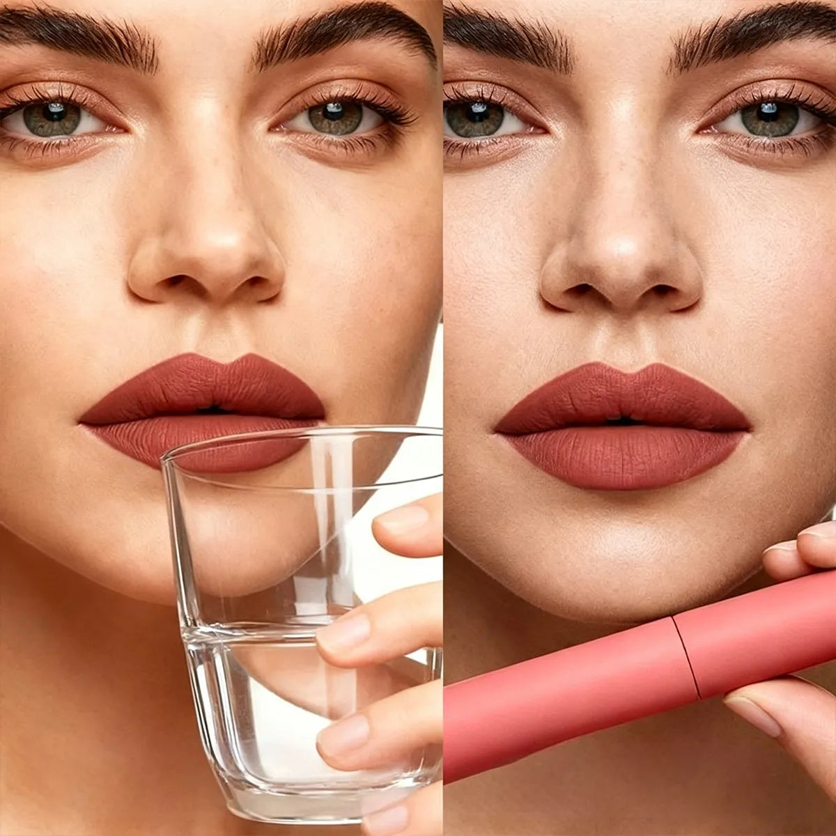 Matte lip gloss creating an even brown color with a soft-focus non-reflective finish