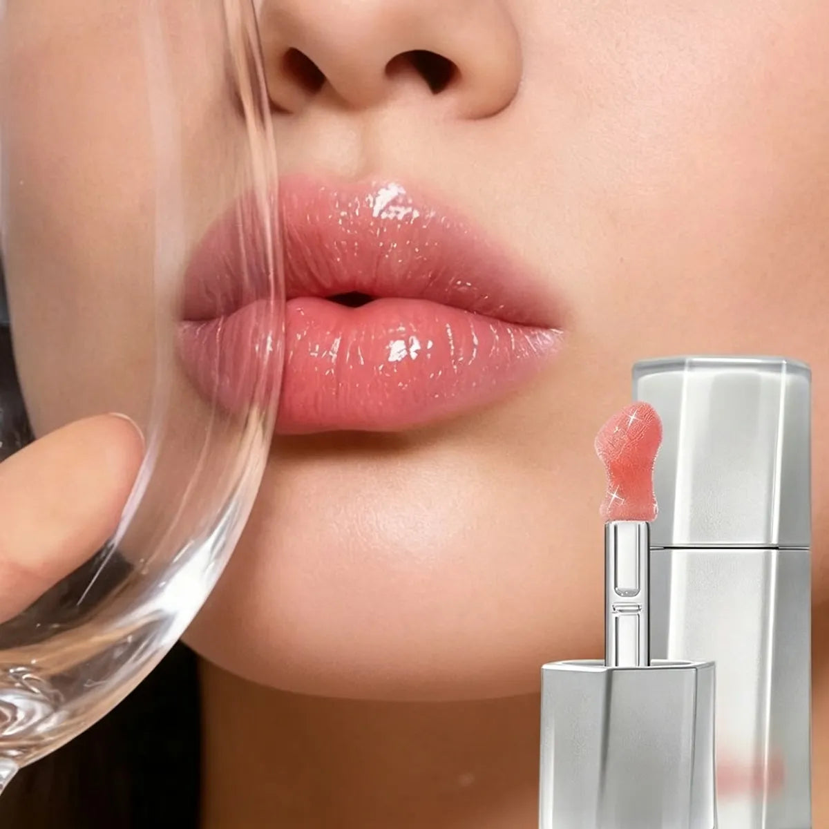 Woman touching rose lip color to demonstrate a smooth non-transfer finish