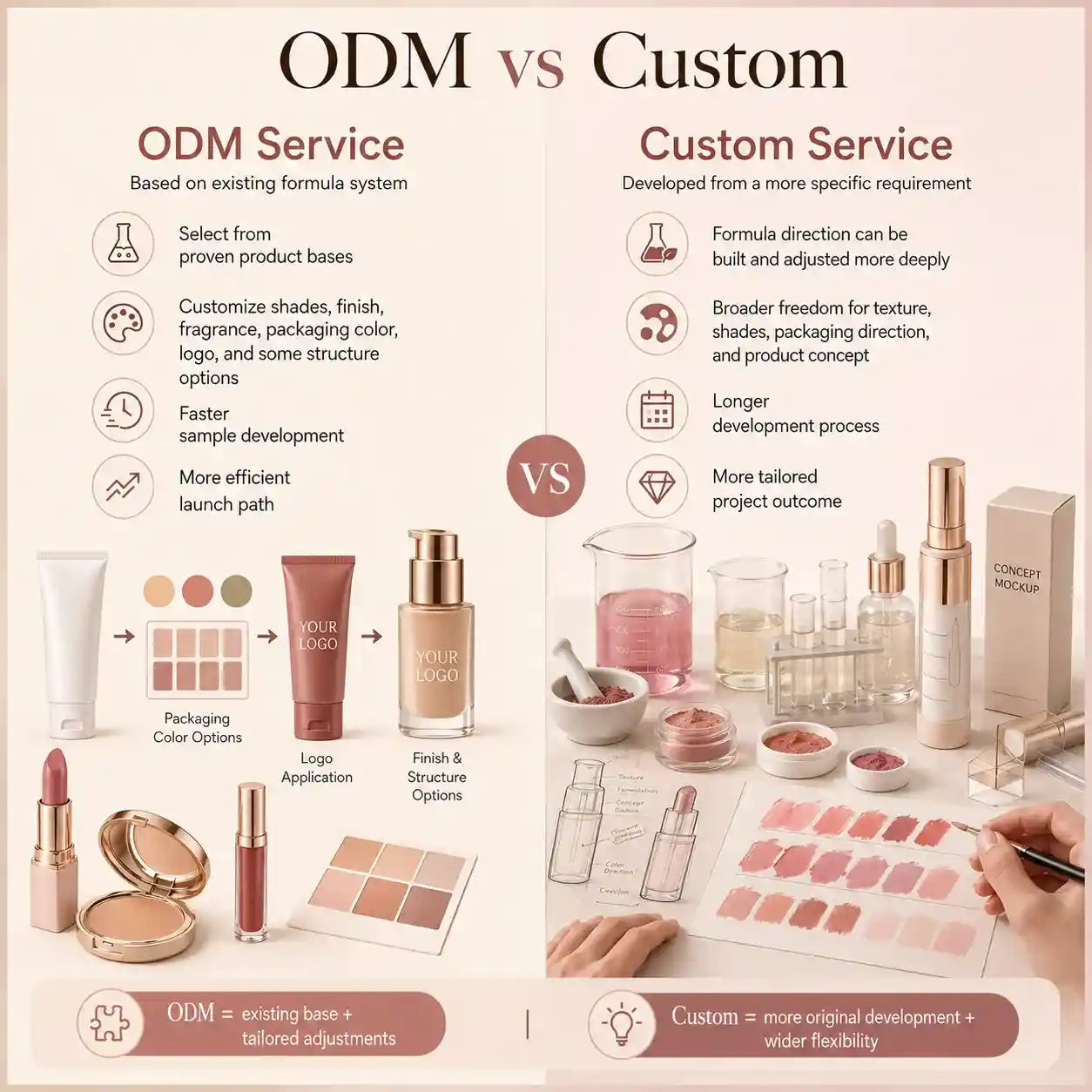 ODM vs custom cosmetic service comparison by KAIYA, showing how ODM starts from existing formula systems while custom service allows deeper formulation, packaging, and product development flexibility.