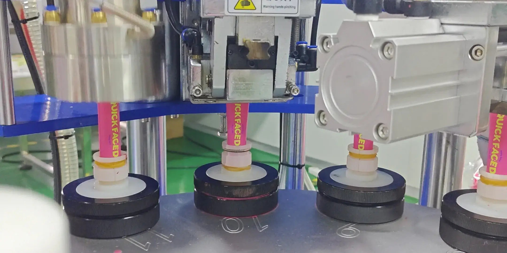 OEM cosmetics production line at KAIYA, showing automated filling and assembly support for finished makeup products.