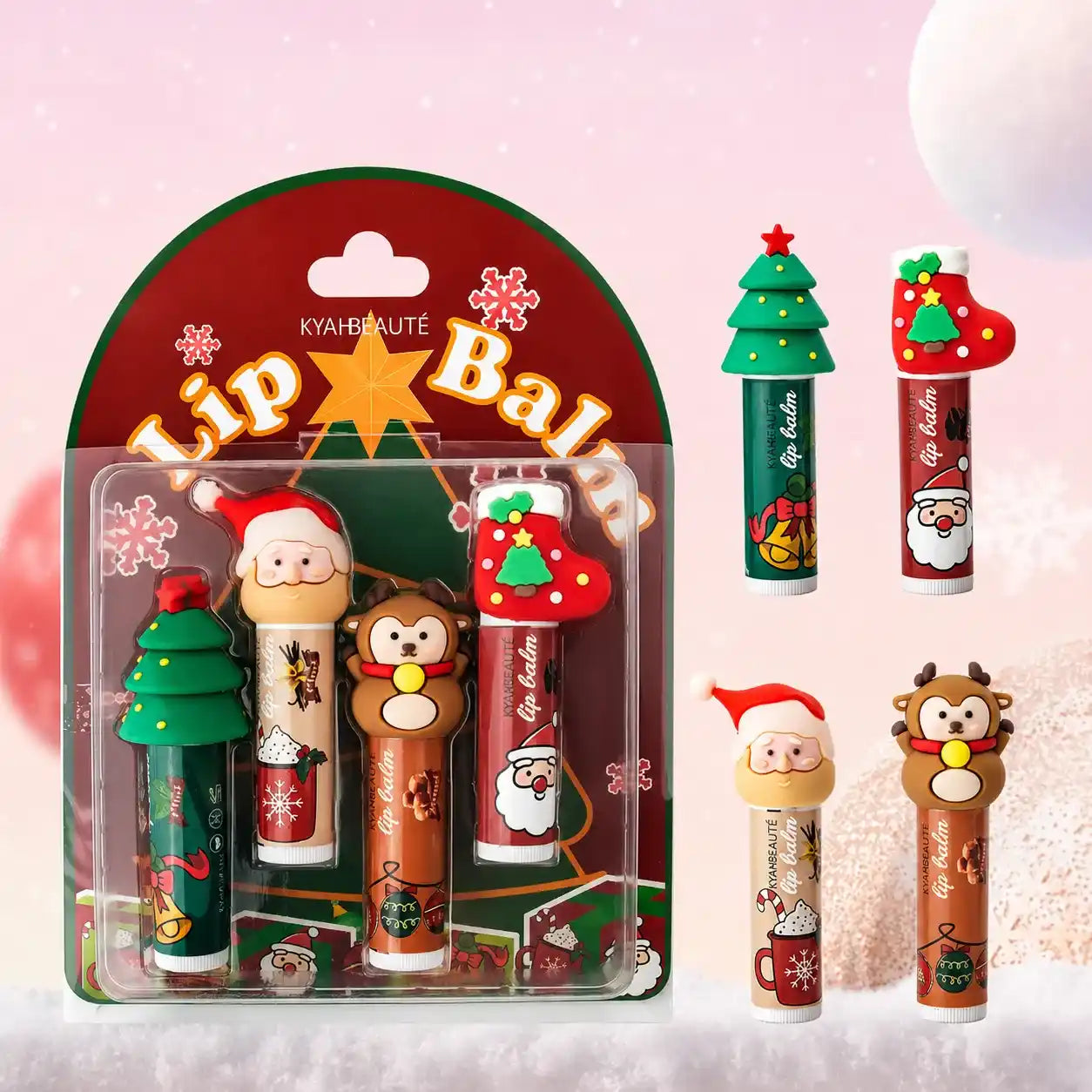 OEM makeup products Christmas makeup set by KAIYA, featuring festive lip balm packaging for custom color cosmetics collections.