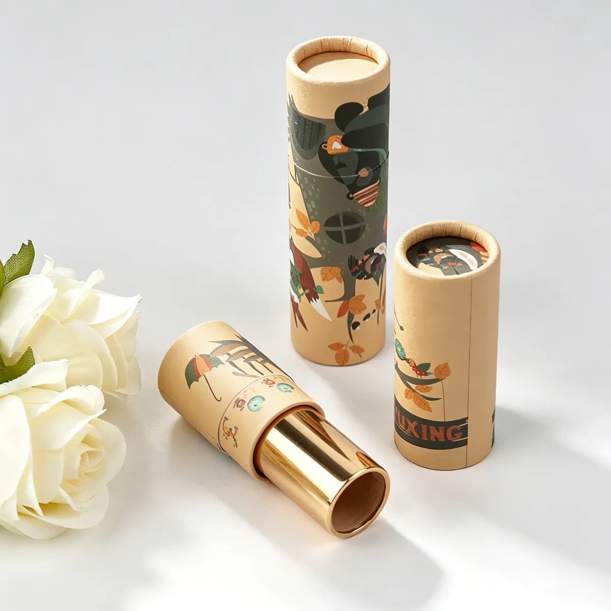 Kaiya paper lipstick tubes with floral printed design for eco-conscious lipstick packaging projects.