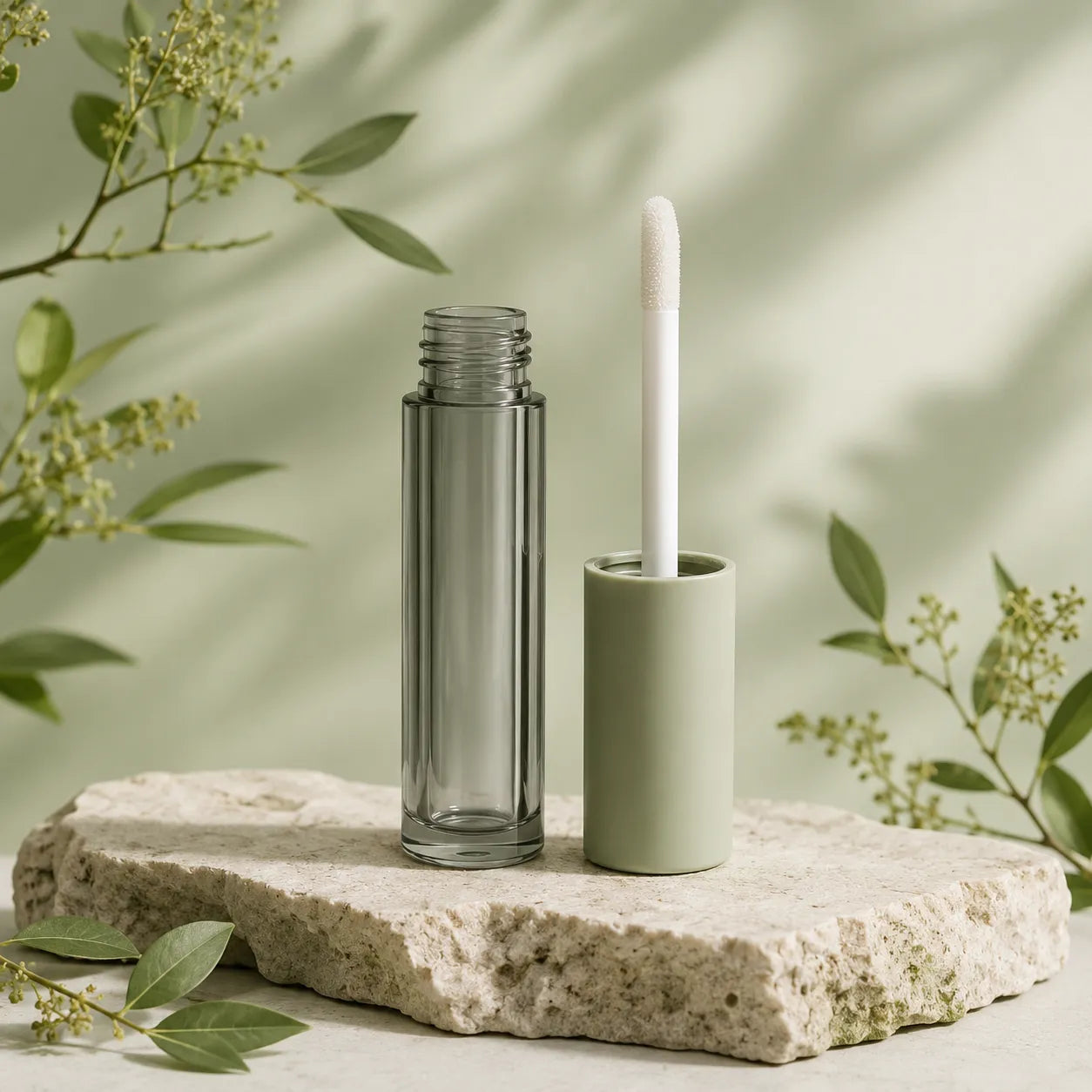 Kaiya PCR plastic cosmetic packaging displayed as an eco-friendly cosmetic container in a clean natural setting
