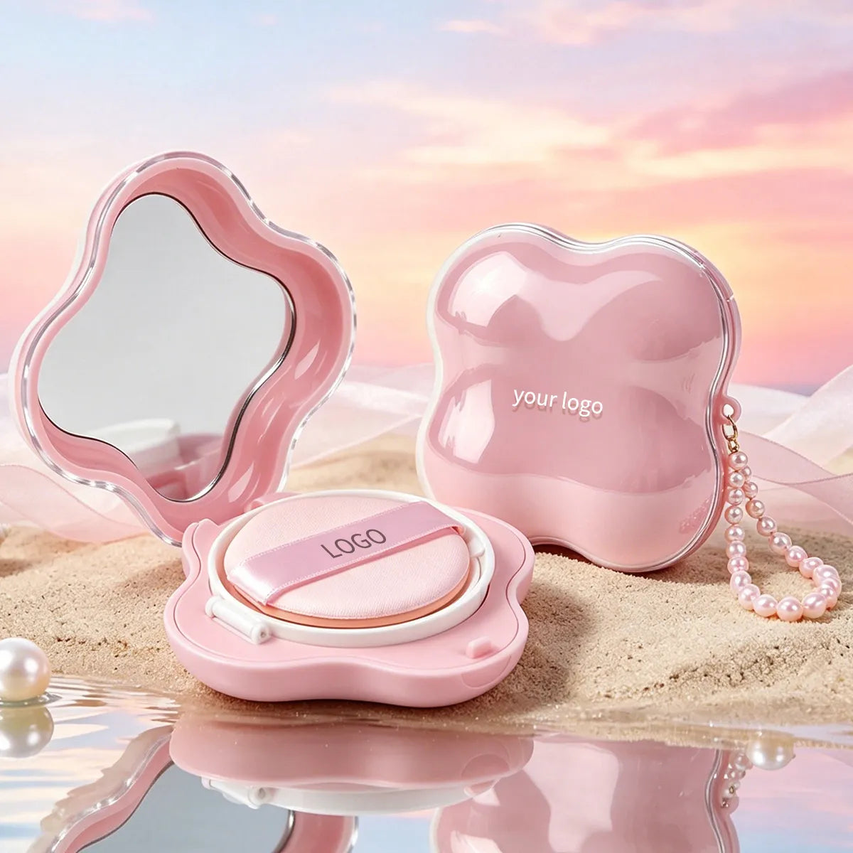 Pink plastic makeup containers with custom logo options, featuring an empty cushion compact with mirror, puff and decorative pearl chain.
