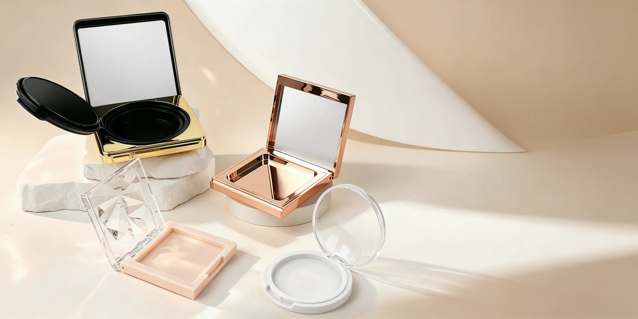 Kaiya powder compact case collection with round, square, transparent, and mirror compact designs for pressed powder packaging.