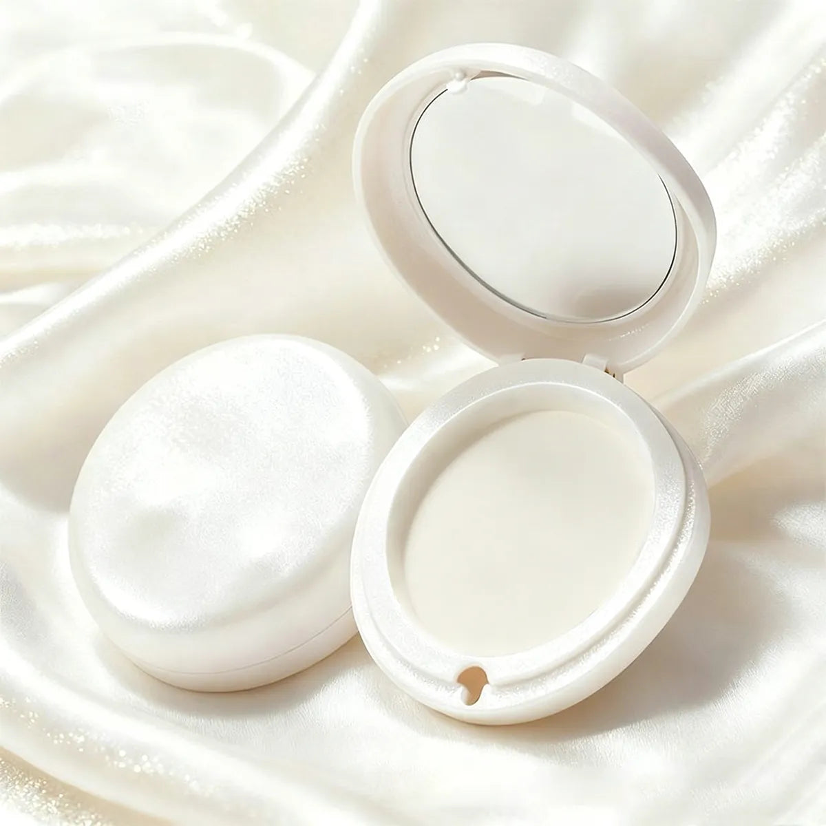 KAIYA powder compact case with mirror in pearl white finish for pressed powder, blush, or small face makeup products