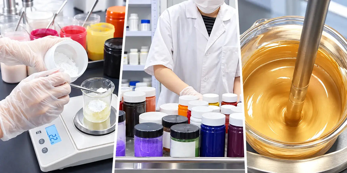 Private label concealer manufacturing at KAIYA, showing cosmetic ingredient weighing, pigment preparation and formula mixing.