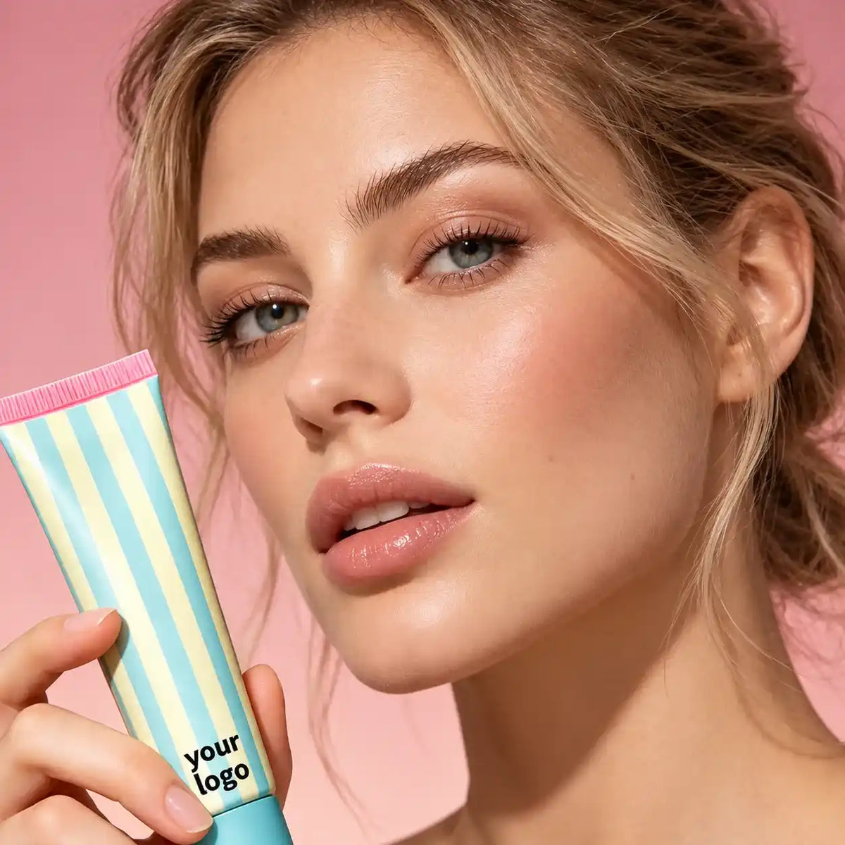 Makeup model demonstrating a natural skin finish for private label concealer development, with a cosmetic tube held beside her face.