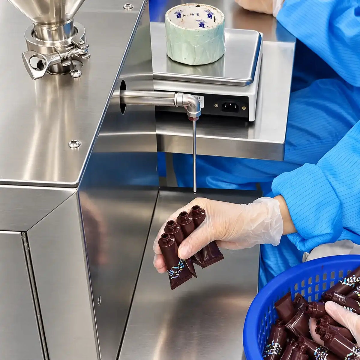 A gloved KAIYA operator filling private label lip oil tubes beside electronic weighing equipment.