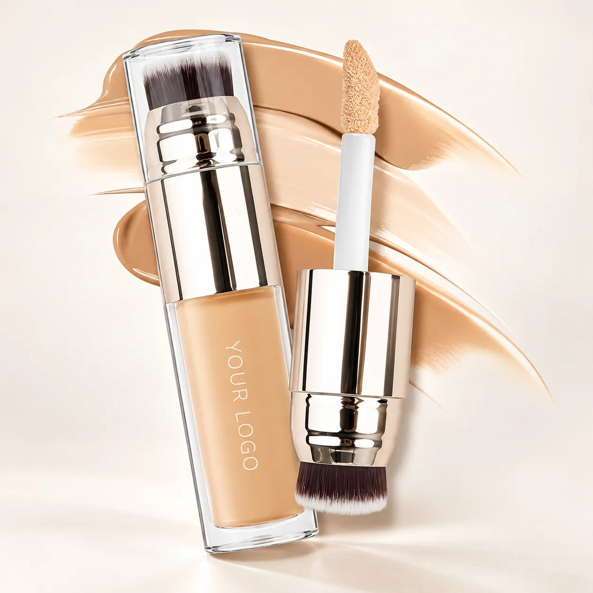Private label concealer in liquid format with a dual-applicator bottle, beige formula and blending brush from KAIYA.