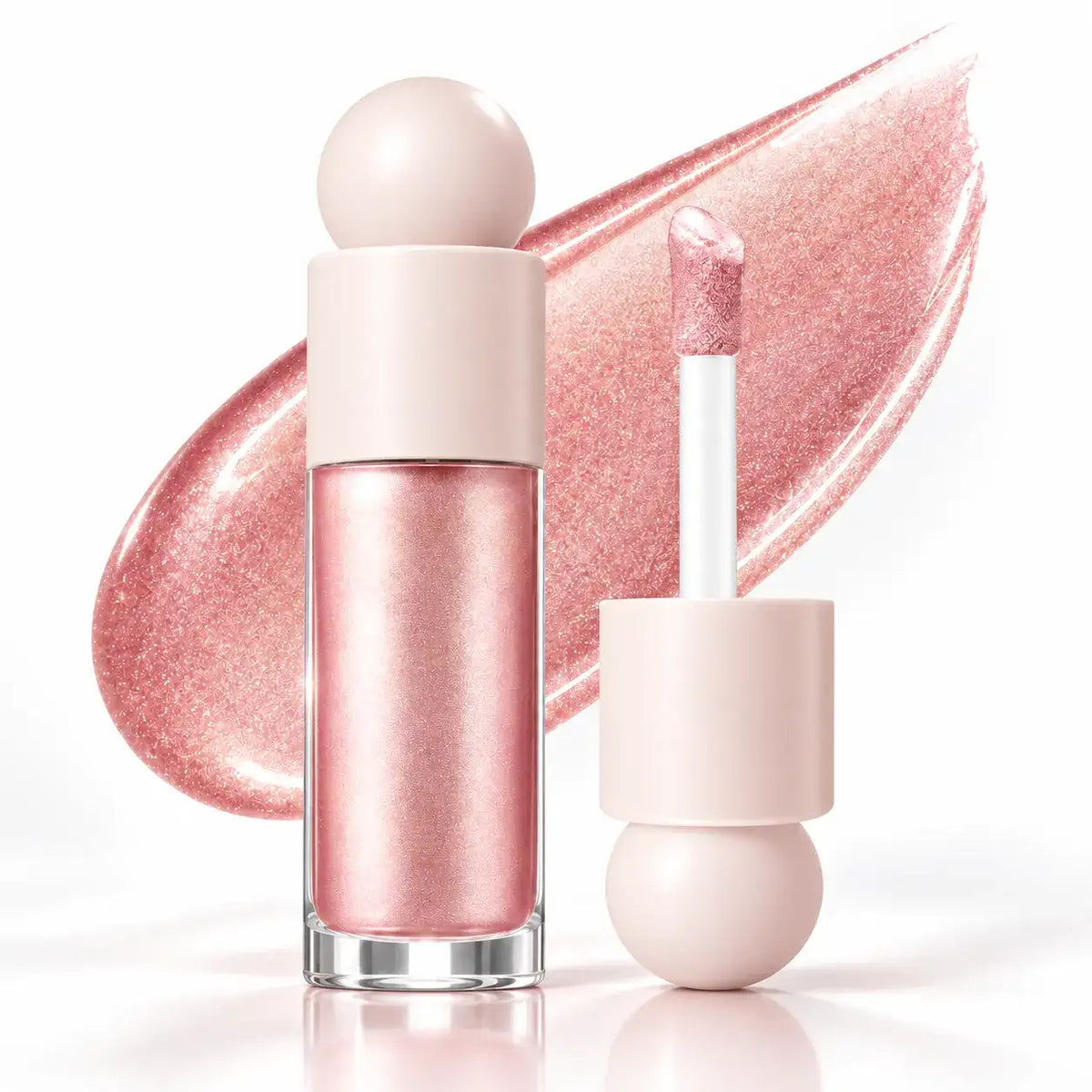 Pink shimmer private label liquid highlighter in a clear bottle with a wand applicator and a pearlescent swatch.