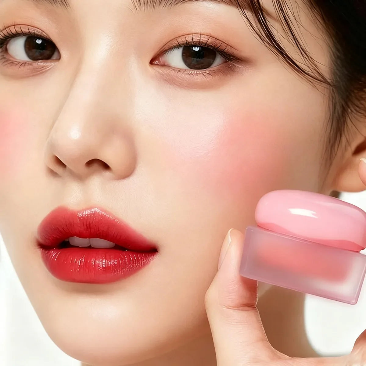 Model holding tinted lip balm and wearing a sheer, buildable red lip color.