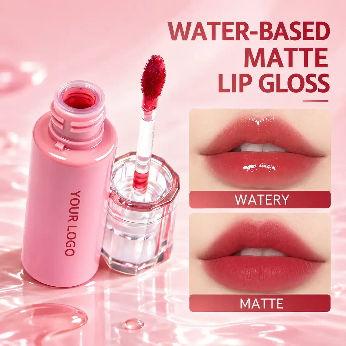 Water-to-matte lip tint from KAIYA, a production matte lip tint manufacturer, showing watery application and a soft matte finish.