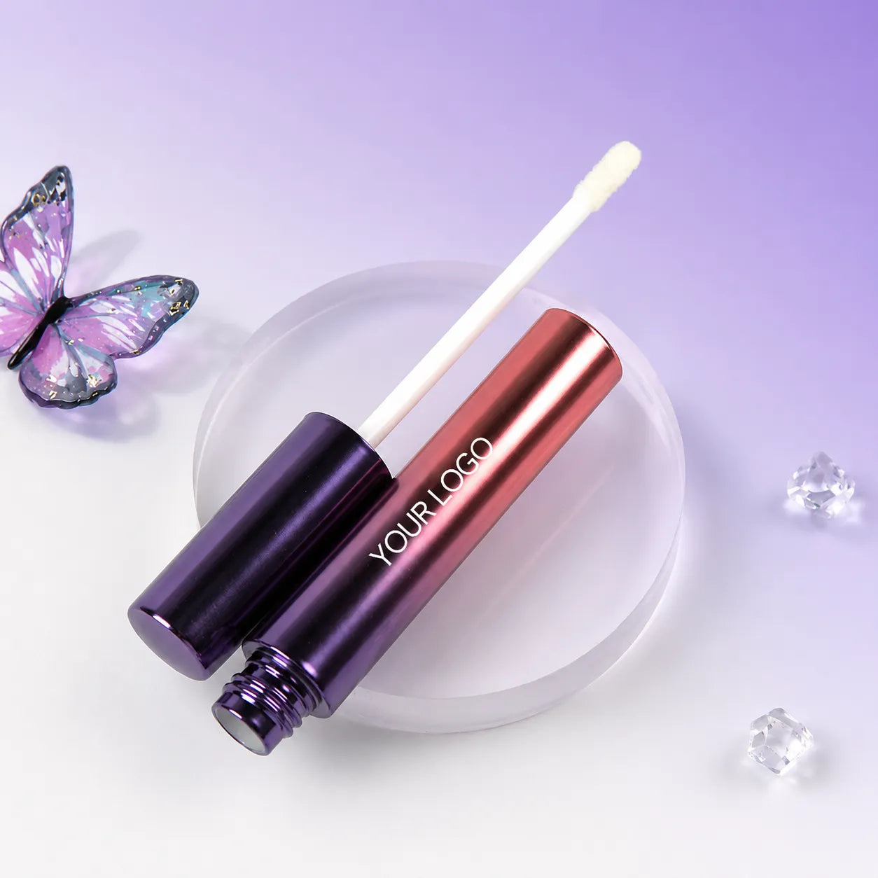 Kaiya purple lip gloss tubes with vacuum metallization finish and wand applicator for custom lip gloss packaging.